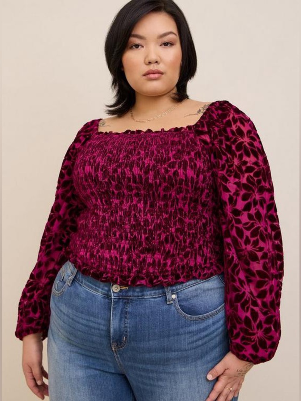 Torrid size 3 Velvet Floral Smocked Top - Deep Magenta